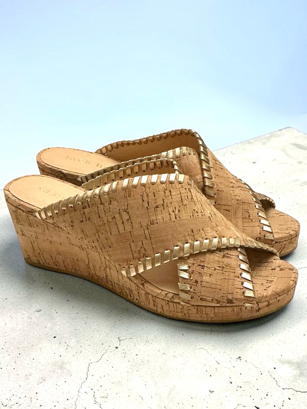 Jack Rogers Sloane Cork Mid-Wedge Sandal Crisscross Straps Gold Trim Size-7.5M